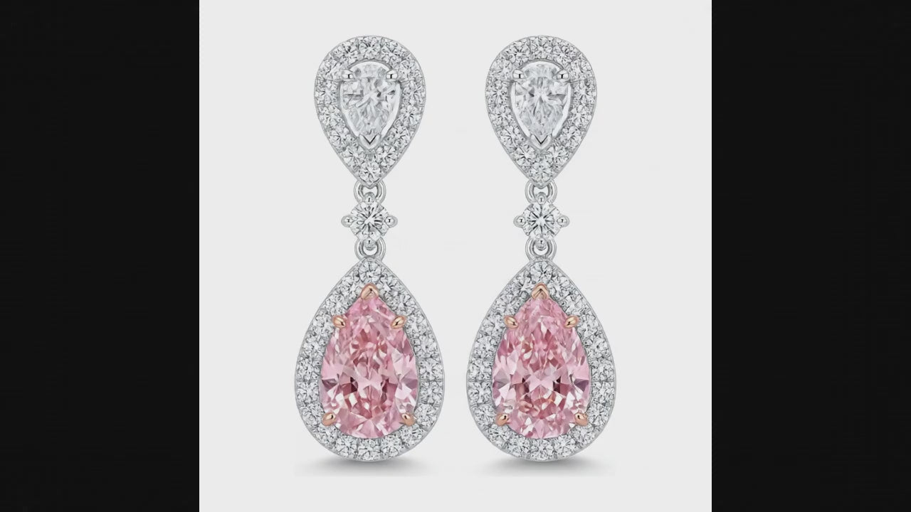 2.5 Carat Pear Pink Lab Grown Diamond and White Diamond Halo Earrings 14K White Gold