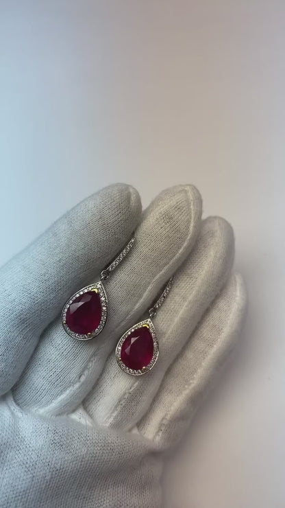 8 Carats Red Pear Cut Ruby With Natural Earth Mined Diamond Dangle Women Gold Earring