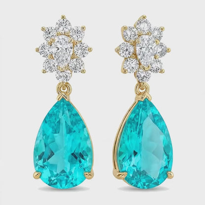 Paraiba Tourmaline Earrings 5 Carat Lab Grown Pear Cluster Leverback 14K Yellow Gold