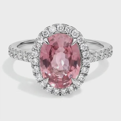 Oval Padparadscha and White Diamond Halo Ring Natural 14K White Gold