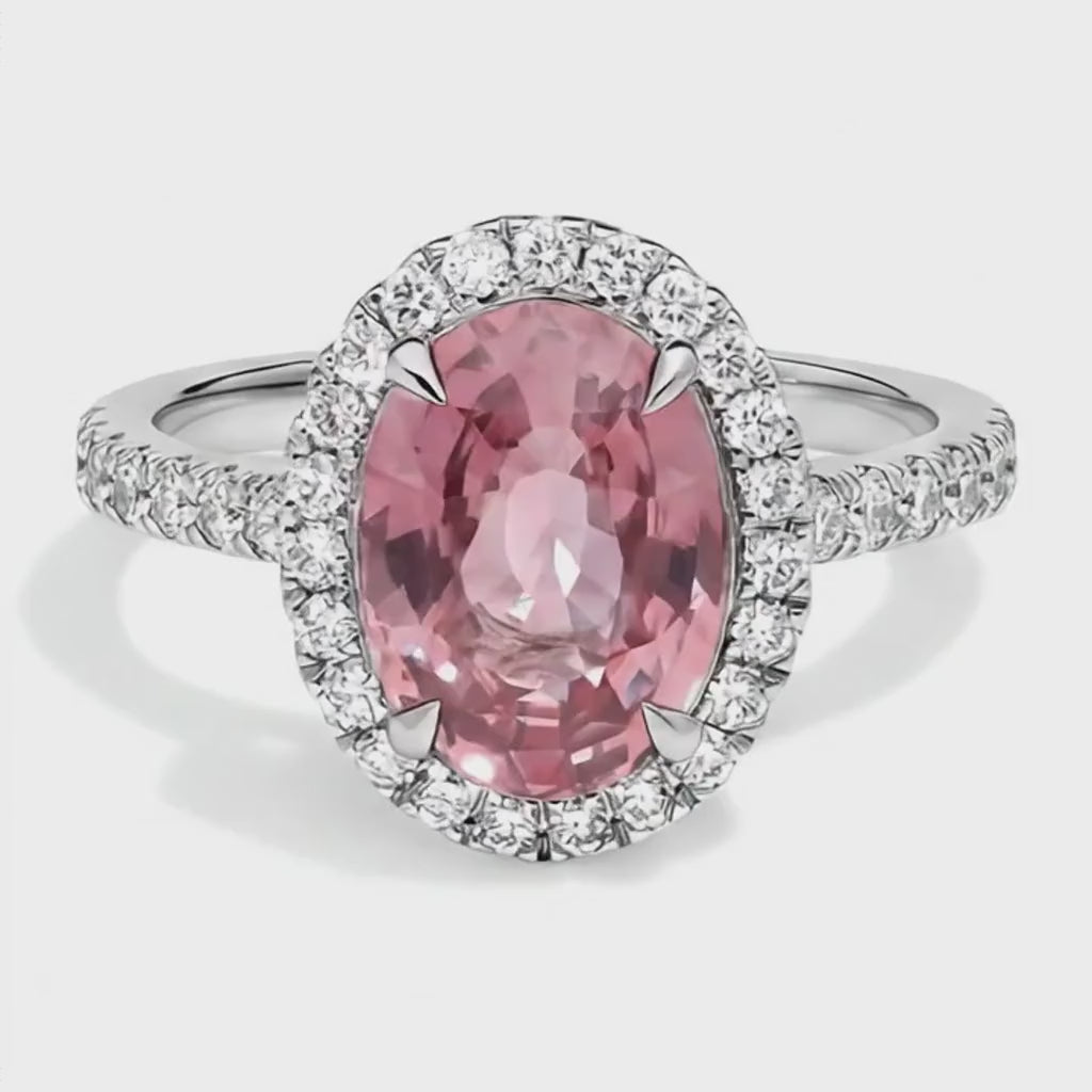 Oval Padparadscha and White Diamond Halo Ring Natural 14K White Gold