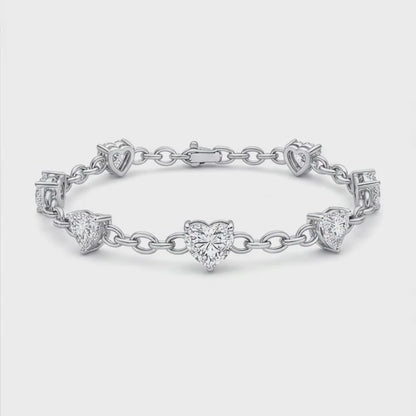 Lab Grown Diamond Heart Bracelet 3 Carat Station 14K White Gold 7 Inch