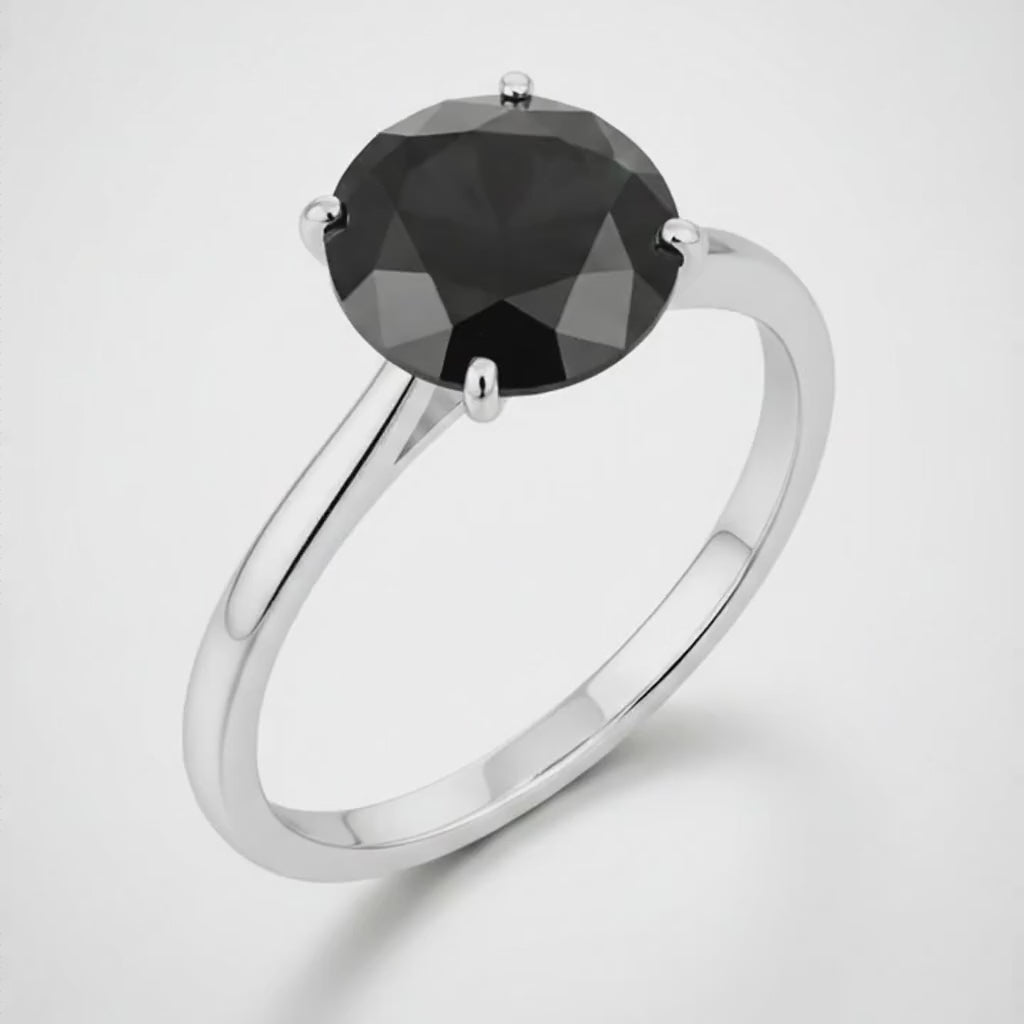 6 Carat Round Black Diamond Solitaire Ring Natural 14K White Gold