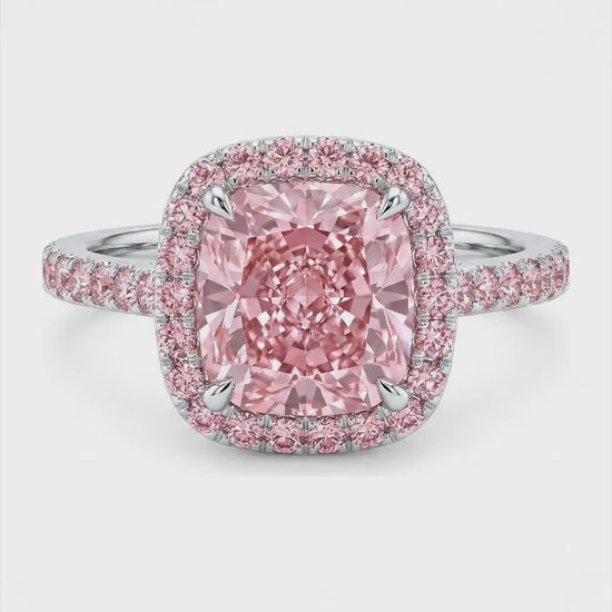 3.25 Carat Cushion Pink Lab Grown Diamond and White Diamond Halo Ring 14K White Gold
