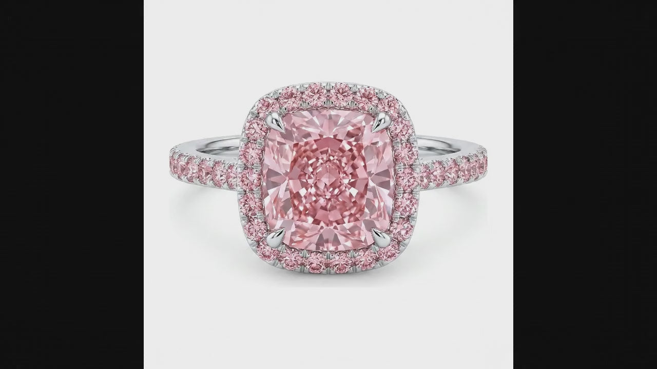3.25 Carat Cushion Pink Lab Grown Diamond and White Diamond Halo Ring 14K White Gold