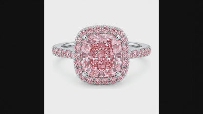 3.25 Carat Cushion Pink Lab Grown Diamond and White Diamond Halo Ring 14K White Gold
