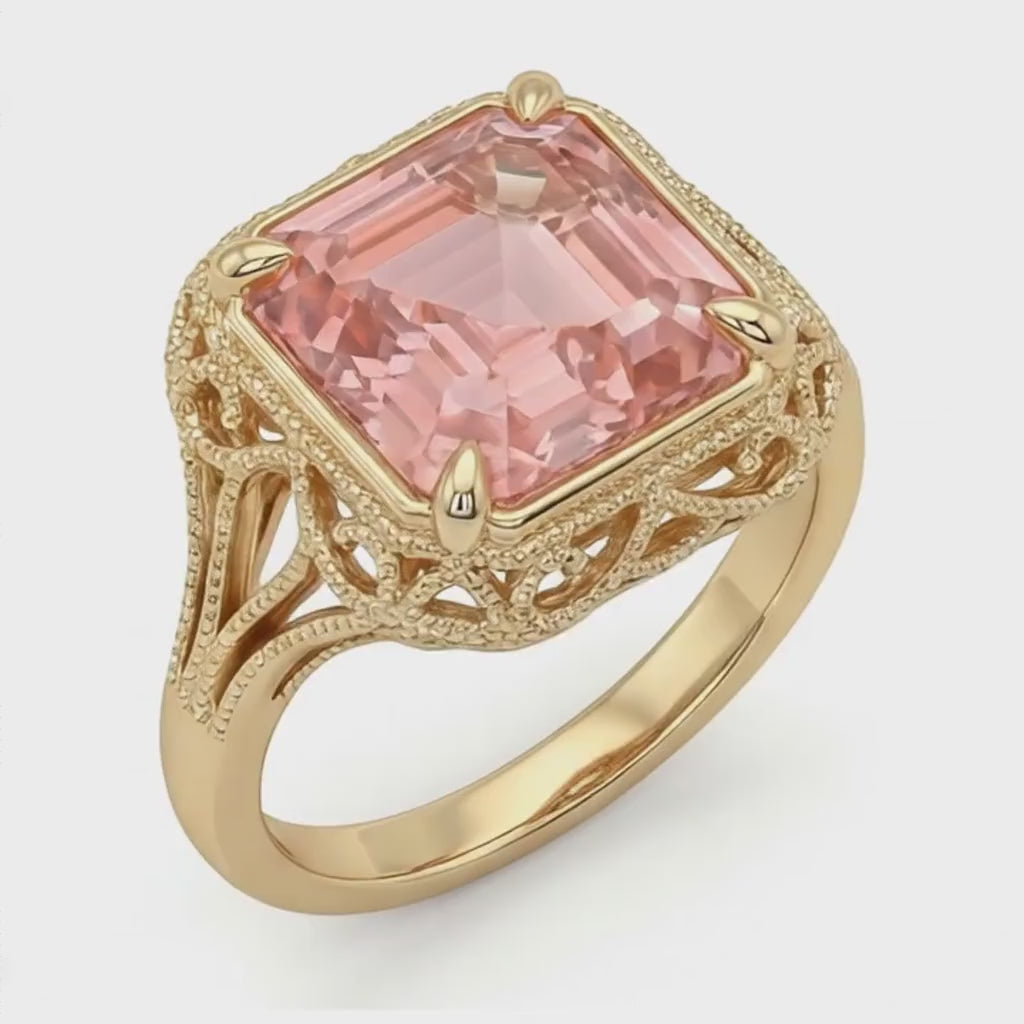 Asscher Padparadscha Solitaire Ring Natural 14K Yellow Gold