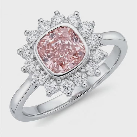 1 Carat Cushion Pink Lab Grown Diamond and White Diamond Halo Ring 14K White Gold