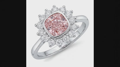 1 Carat Cushion Pink Lab Grown Diamond and White Diamond Halo Ring 14K White Gold