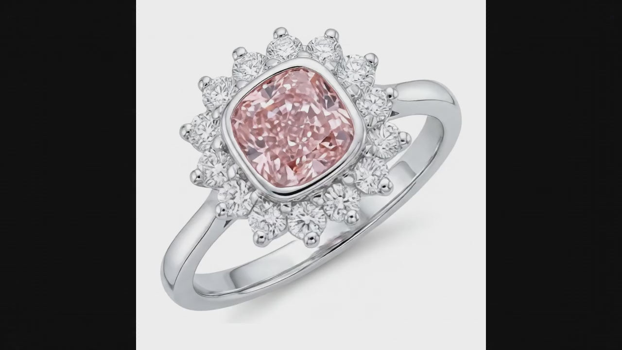 1 Carat Cushion Pink Lab Grown Diamond and White Diamond Halo Ring 14K White Gold