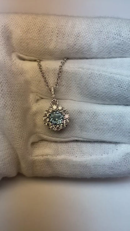 2 Carats Round Blue Sapphire & Natural Earth Mined Diamond Pendant Necklace 14K Gold