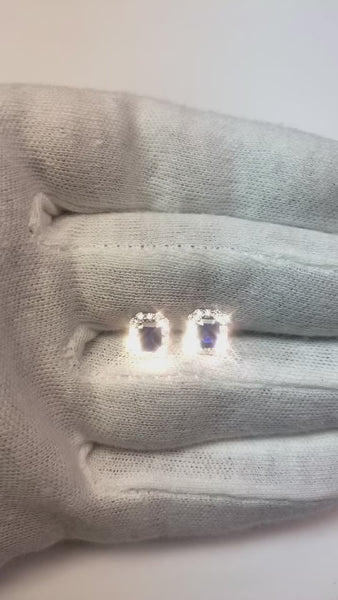 Sri Lanka Sapphire Emerald Cut Halo Round Diamond Stud Earring WG 14K