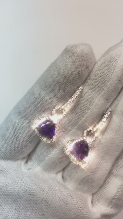 Women Dangle Earrings 5.10 Ct Amethyst And Natural Earth Mined Diamonds White Gold 14K