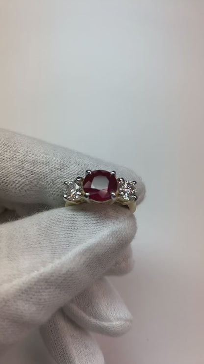 4 Ct Ruby And Round Natural Earth Mined Diamond 3 Stone Ring White Gold Lady Jewelry