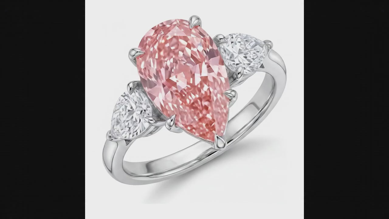 2.5 Carat Pear Pink Lab Grown Diamond and White Diamond Three Stone Ring 14K White Gold