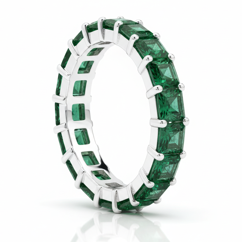 Princess Cut Emerald Full Eternity Band Ring Natural 18K White Gold