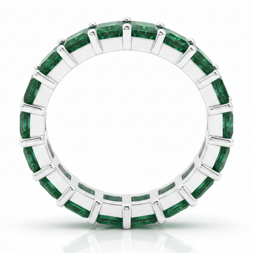 Princess Cut Emerald Full Eternity Band Ring Natural 18K White Gold