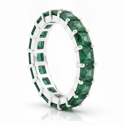 Princess Cut Emerald Full Eternity Band Ring Natural 18K White Gold