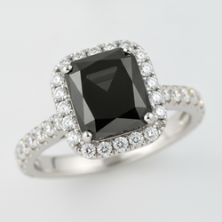 Radiant Cut Black Diamond and White Diamond Halo Ring Natural 14K White Gold