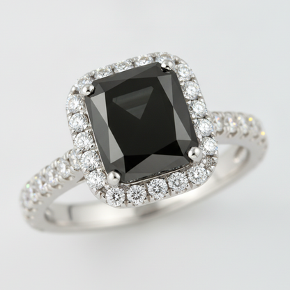 Radiant Cut Black Diamond and White Diamond Halo Ring Natural 14K White Gold