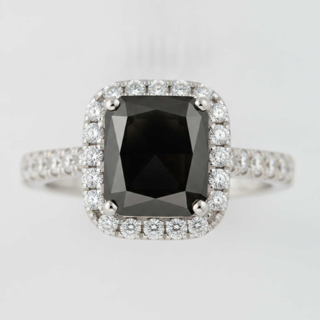 Radiant Cut Black Diamond and White Diamond Halo Ring Natural 14K White Gold