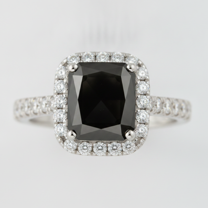 Radiant Cut Black Diamond and White Diamond Halo Ring Natural 14K White Gold