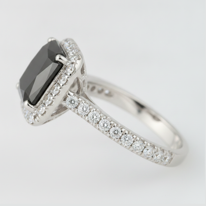 Radiant Cut Black Diamond and White Diamond Halo Ring Natural 14K White Gold
