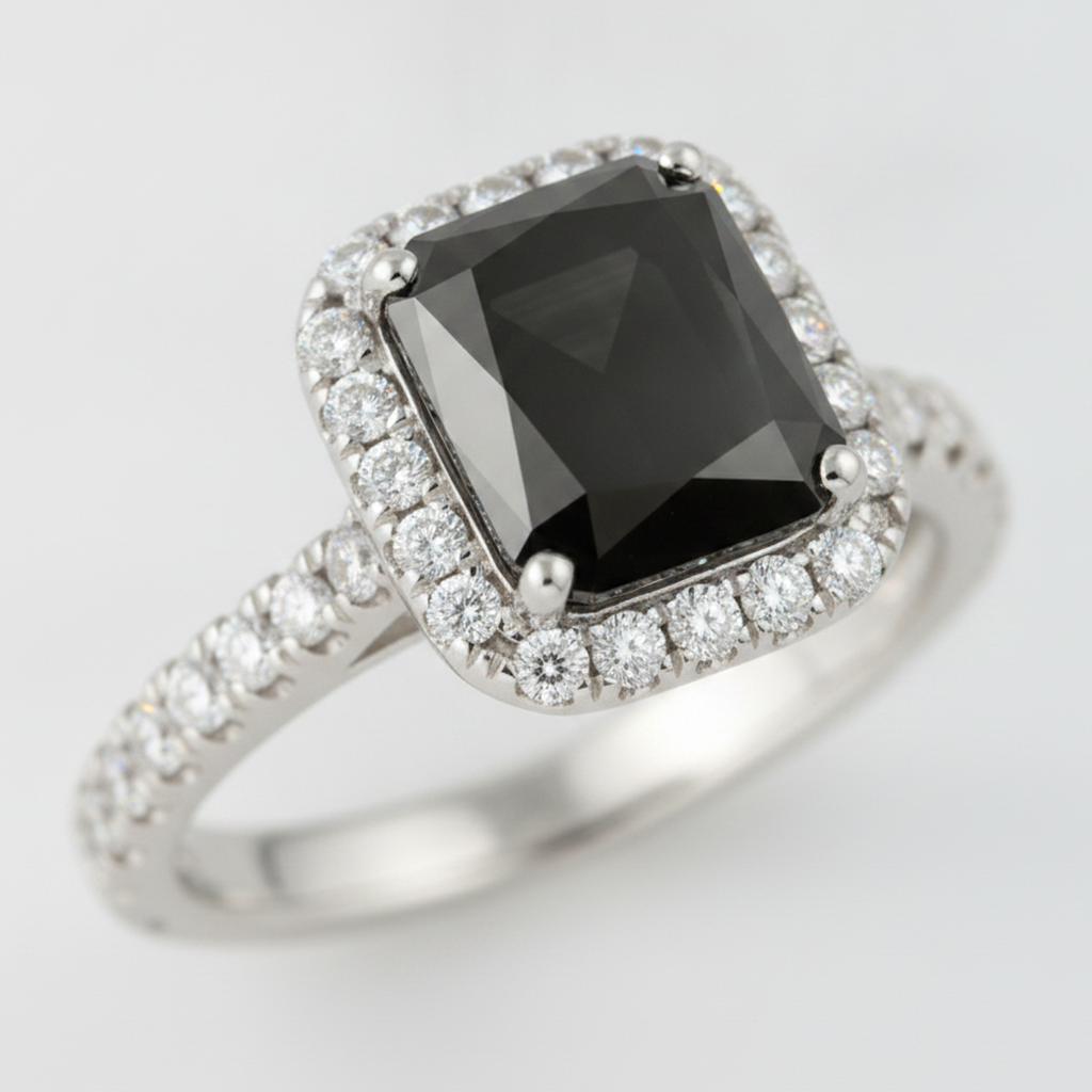 Radiant Cut Black Diamond and White Diamond Halo Ring Natural 14K White Gold