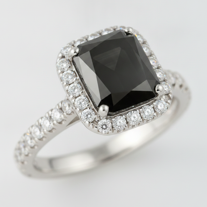 Radiant Cut Black Diamond and White Diamond Halo Ring Natural 14K White Gold