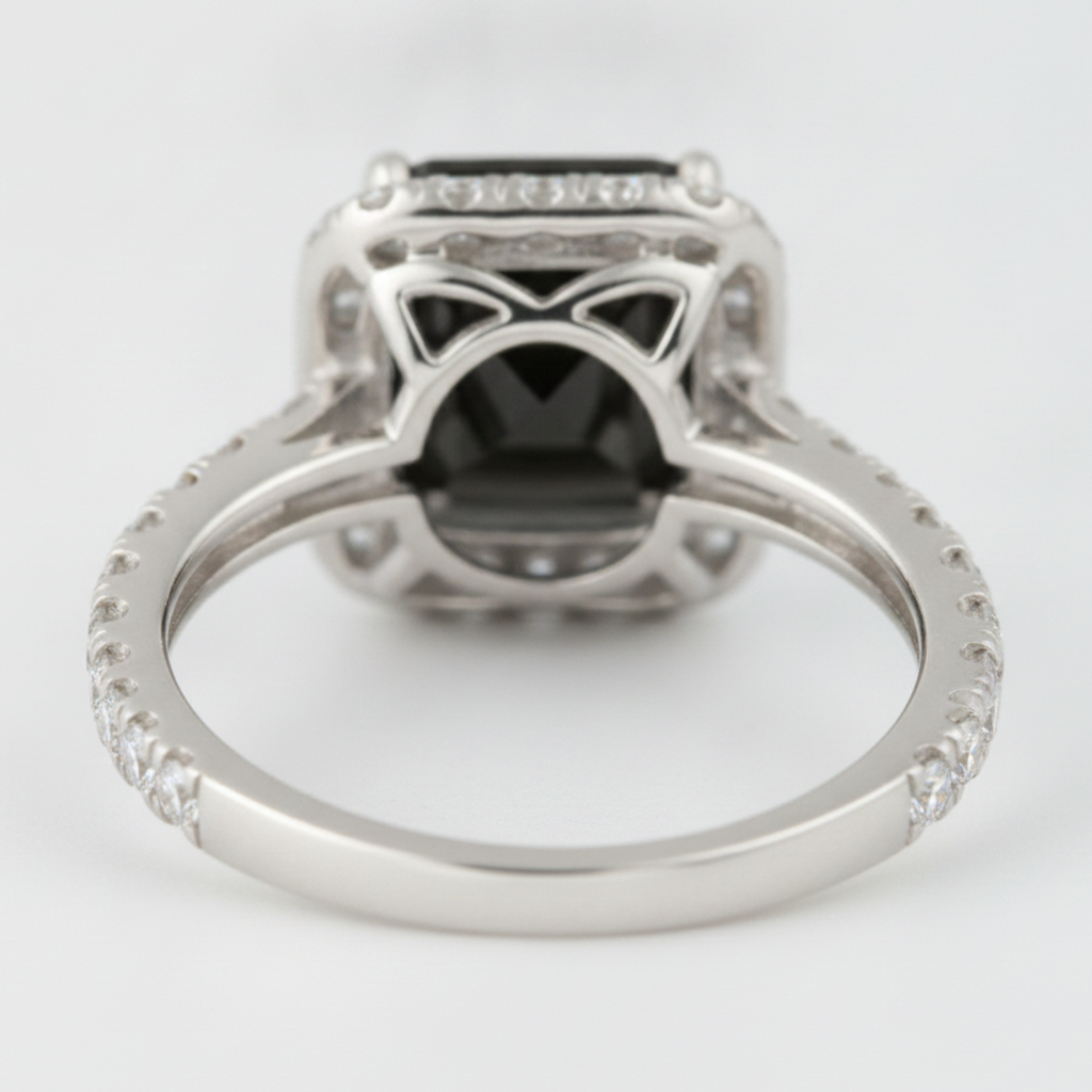 Radiant Cut Black Diamond and White Diamond Halo Ring Natural 14K White Gold