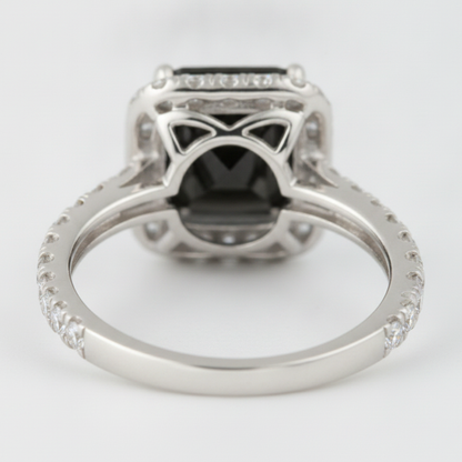 Radiant Cut Black Diamond and White Diamond Halo Ring Natural 14K White Gold