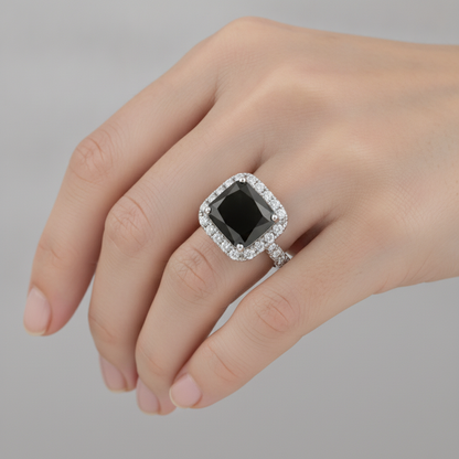 Radiant Cut Black Diamond and White Diamond Halo Ring Natural 14K White Gold