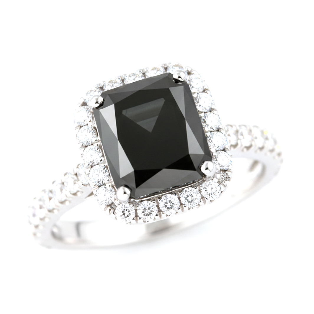 Radiant Cut Black Diamond and White Diamond Halo Ring Natural 14K White Gold