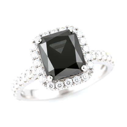 Radiant Cut Black Diamond and White Diamond Halo Ring Natural 14K White Gold