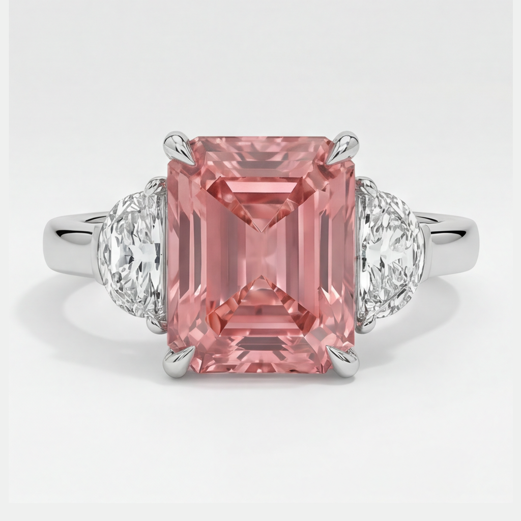Radiant Cut Padparadscha and White Half Moon Three Stone Ring Natural Platinum