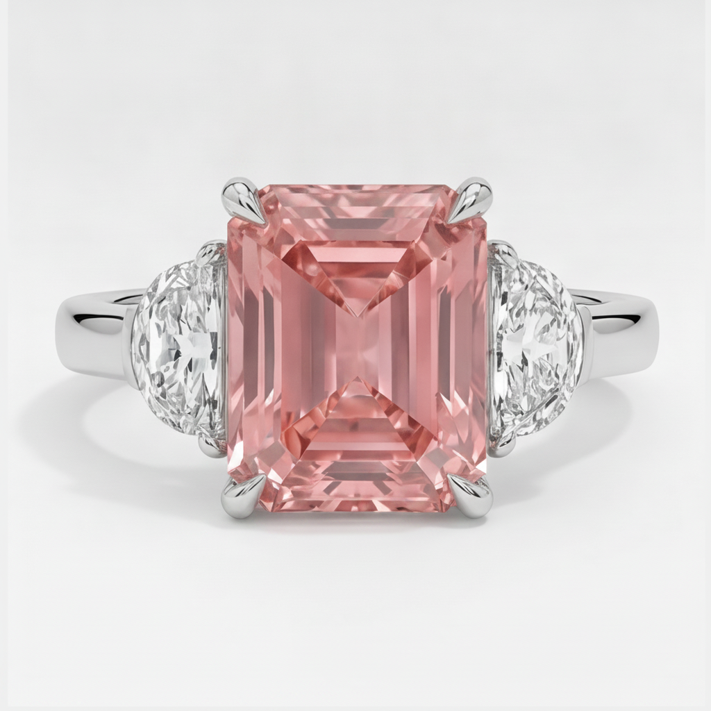 Radiant Cut Padparadscha and White Half Moon Three Stone Ring Natural Platinum