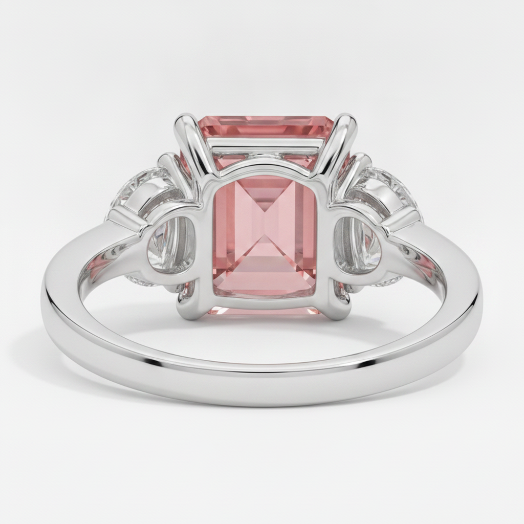 Radiant Cut Padparadscha and White Half Moon Three Stone Ring Natural Platinum
