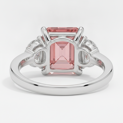 Radiant Cut Padparadscha and White Half Moon Three Stone Ring Natural Platinum