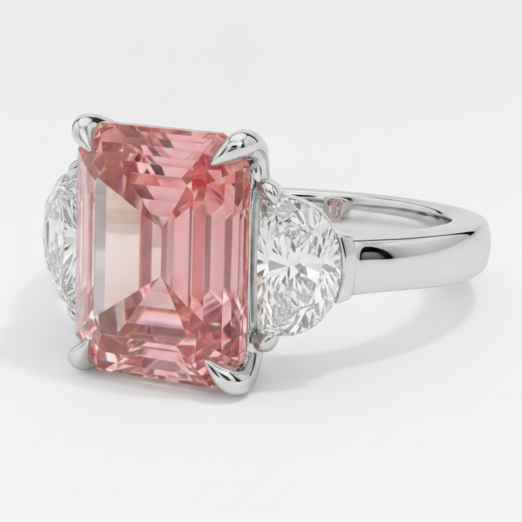 Radiant Cut Padparadscha and White Half Moon Three Stone Ring Natural Platinum