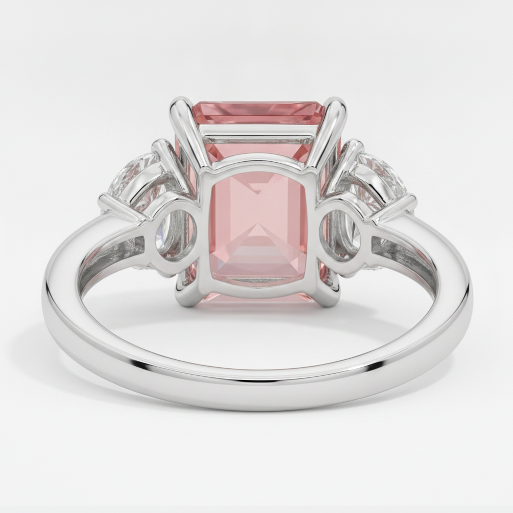 Radiant Cut Padparadscha and White Half Moon Three Stone Ring Natural Platinum