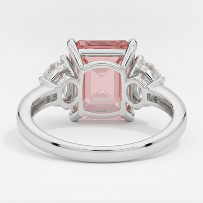 Radiant Cut Padparadscha and White Half Moon Three Stone Ring Natural Platinum