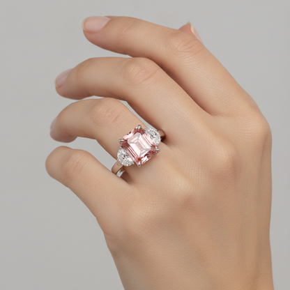 Radiant Cut Padparadscha and White Half Moon Three Stone Ring Natural Platinum