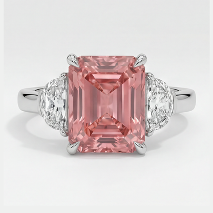 Radiant Cut Padparadscha and White Half Moon Three Stone Ring Natural Platinum