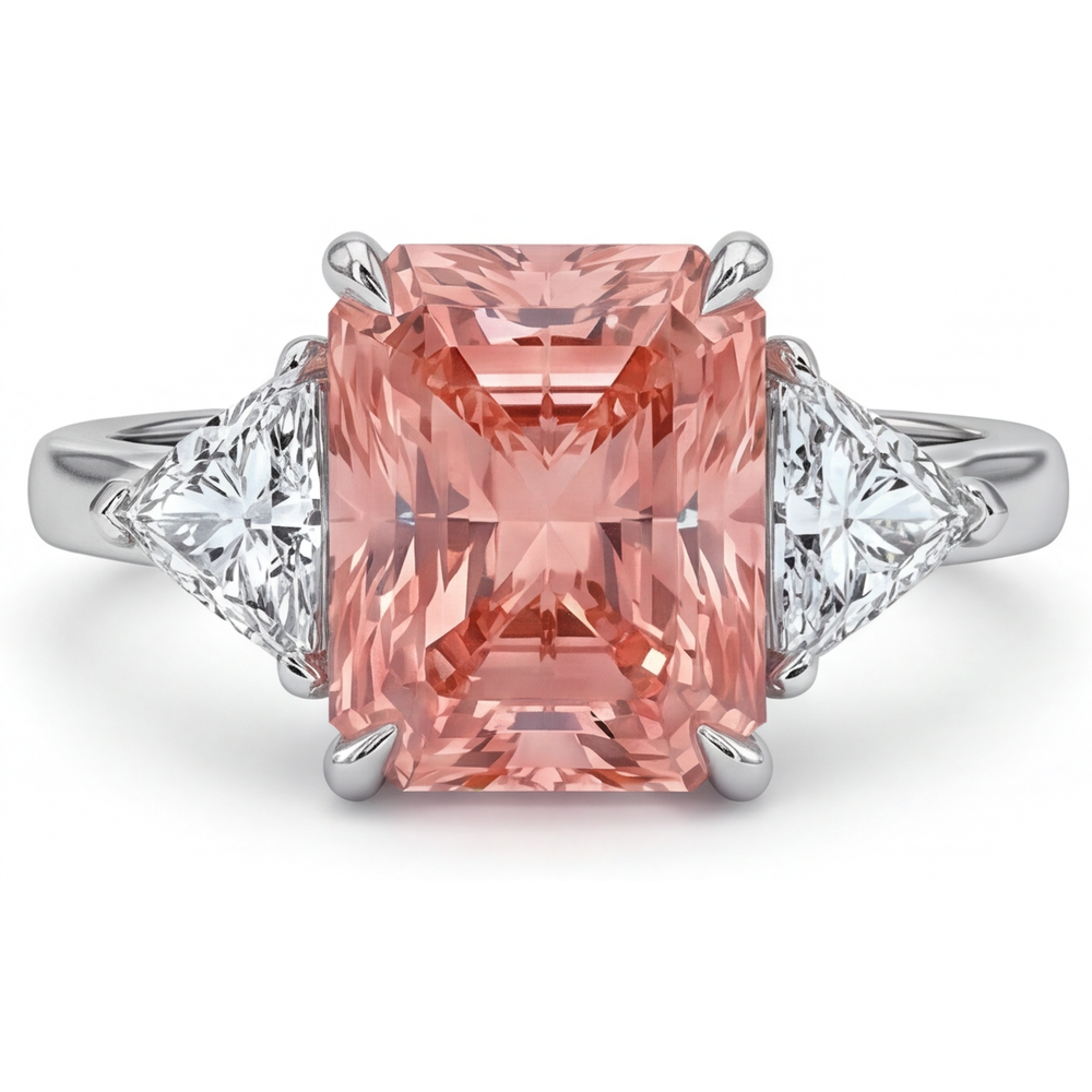Radiant Padparadscha and White Diamond Three Stone Ring Natural 14K White Gold