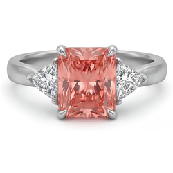 Radiant Padparadscha and White Diamond Three Stone Ring Natural 14K White Gold