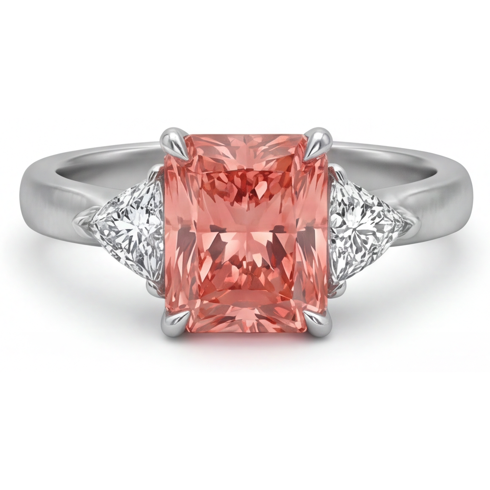 Radiant Padparadscha and White Diamond Three Stone Ring Natural 14K White Gold