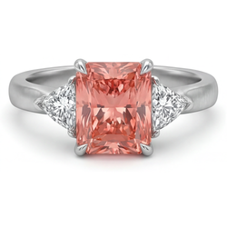 Radiant Padparadscha and White Diamond Three Stone Ring Natural 14K White Gold