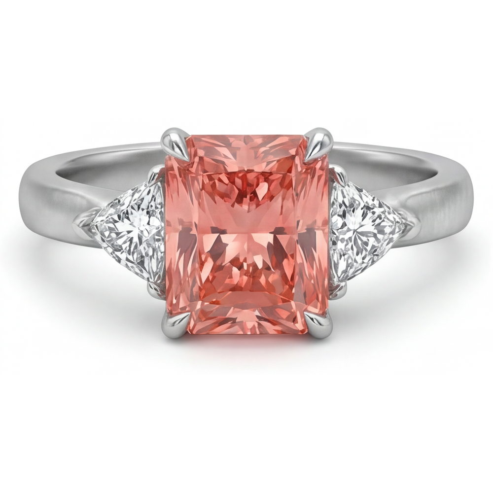 Radiant Padparadscha and White Diamond Three Stone Ring Natural 14K White Gold