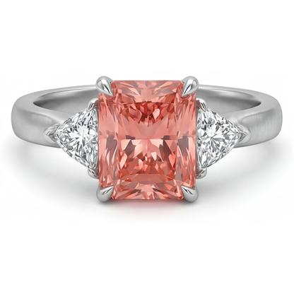 Radiant Padparadscha and White Diamond Three Stone Ring Natural 14K White Gold