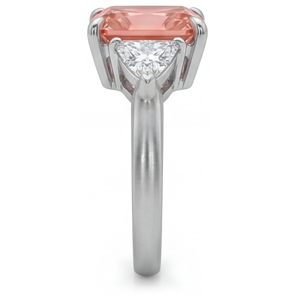 Radiant Padparadscha and White Diamond Three Stone Ring Natural 14K White Gold